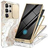 GVIEWIN for Samsung Galaxy S25 Ultra Case, [Slide Camera Cover & Built-in Anti-Spy Privacy Screen Protector] [2 Front Frame] Shockproof Military Grade Marble Phone Case 6.9" (Pearlescent/Gold)