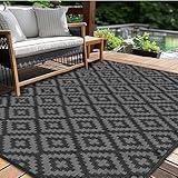 Outdoor Patio Plastic Straw Rug - 5x8 ft Outdoor Camping Rug Waterproof Reversible, Area Carpet Patios Clearance RV, Outside Porch Balcony Deck for Camper, Black & Grey