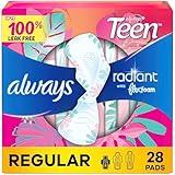 Always Radiant Teen Feminine Pads with FlexFoam, Size 1, Regular, with Wings, Unscented, 28 CT