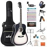 ADM Dreadnought Acoustic Guitar Kit with Free Lesson for Beginner Adult Teen Full Size Acustica Guitarra Starter Bundle Set with Bag Strap Tuner Capo Pickguard Music Stand, Right Hand(Grey, 41 Inch)