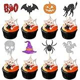 32 Pack Halloween Cupcake Toppers Glitter Bat Spider Pumpkin Ghost Cupcake Picks for Baby Shower Kids Birthday Party Halloween Theme Party Cupcake Decoration Supplies
