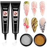 Fcozpjk 3D Sculpting Gel for Nail Art, 2PCS 10g Clear 3D Gel Liner Polish Carving Modeling Gels for Nail Design, 5D Embossed Candy Gels with Gold Silver Chrome Powder Kit