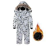 AFILOK Kid's Winter Overalls Ski Suits Boy's and Girl's Waterproof Snowboard Jumpsuits One Piece Snowsuit Jackets Coats (14-16, White Snow Mountain)