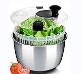 BASSWOOD Stainless Steel Salad Spinner Large - Easy & Compact Kitchen Tool - Stainless Steel Bowl, Drain, & Colander - Produce & Lettuce Spinner, Vegetable Dryer, Fruit Washer - 6.33 Qt