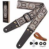 Nefelibata Guitar Strap, Vintage Embroidered Cotton Guitar Straps with Head Cowhide Leather Ends for Bass, Electric & Acoustic Guitars, with Free Strap Button, 1 Pair Strap Locks and 4 Guitar Picks