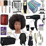 18 pcs Natural Hair Care & Braiding Cosmetology Student Kit Beauty School Kit Afro Natural Hair Manikin Head Cosmetology Student kit Braiding Hair Practice Set All in One Travel Bag