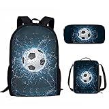 AFPANQZ Football with Water Print Backpack Set for Boys School Bag Large Capacity Bookbags Tablet Rucksack and Thermal Lunch Boxes Portable Pencil Case Back to School Supplies for Teenager Boys