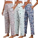 PNAEONG Pajama Pants Women 3 Pack Soft Cotton Lounge Pants Women Comfy PJ Casual Sleep Pant Print Women's Pajama Bottoms Sleepwear with Elastic Waistband & Pockets, Good Night+Coffee+Star-M