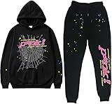 Spider Web Graphic Sweatsuit Set, 2 Piece Hoodie and Joggers, Black and Blue (US, Alpha, Small, Regular, Regular, Black-p)