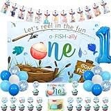 Wonmelody Ofishally One Birthday Decorations Ofishally One Let’s Reel in the Fun Backdrop Banner Ofishally One Photo Banner Cake Topper Fishing 1st Birthday Party Decorations Gone Fishing 1st Birthday