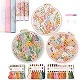 REEWISLY 3 pcs Embroidery Starter kit with Patterns and Instructions, DIY Adult Cross Stitch Kits Beginner, Including 3 Plastic Embroidery Rings, 1 Scissors, Colored Threads and Needles