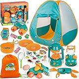 FUN LITTLE TOYS Kids Camping Set with Pop Up Play Tent Camping Toys with Battery Lantern and Drawstring Bag Indoor Outdoor Pretend Play, Christmas Birthday Gifts for Boys