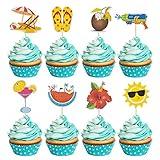 32Pcs Summer Beach Pool Cupcake Toppers Sun Flower Watermelon Water Gun Coconut Slippers Cupcake Picks Baby Shower Hawaii Beach Pool Theme Birthday Party Cake Decorations Supplies…