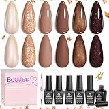 beetles Gel Polish Brownie Bliss - Fall Gel Nail Polish Set Light Dark Brown 6 Colors Nail Kit Pearl Shimmering Soak Off UV LED Lamp Needed Manicure DIY Home Gift for Women Girls