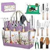 Gardening Tools Set 9-Piece Heavy-Duty Gardening Gifts for Women Mom Wife Gardening Hand Tools with Purple Floral Tote Bag and Repotting Mat, halilus Stainless Steel Garden Supplies Kit