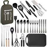 Wesqunie Camping Essentials Cooking Utensils Set - 30Pcs Camping Kitchen Cookware Set, Camping Accessories, Camping Gear Must Haves, Stainless Steel & Silicone, Camping Equipment for RV Picnic Grill