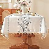Laolitou Table Cloth Rectangle, Embroidery Heavy Duty Cotton Linen Tablecloth, Farmhouse Rustic Waterproof Wrinkle Free Tablecloths with Tassels, Blue Fern, 55×75 Inch