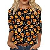 Cute Halloween Shirts for Women 3/4 Length Sleeve Womens Tops 2025 Floral Print Vintage Fashion Casual Loose with Round Neck Plus Size Shirts