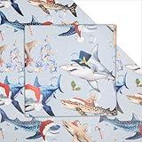 Vnaaem Shark Christmas Wrapping Paper for Boys Girls Kids - Blue Shark with Christmas Hat Trees Design Gift Wrap for Christmas Birthday Holiday Party Baby Shower Winter Wedding,19.6 X27.9Inch(6 Sheets)