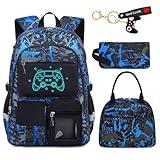 Fitvc School Backpack for Boys - 4pcs Gamer Boys Backpack with Lunch Box Set for Kids Teens Elementary Middle High School - 18" Large Capacity School Bookbag with Multiple Pockets