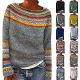 Women's Fair Isle Knitted Sweater Vintage Long Sleeve Boat Neck Retro Lightweight Pullover Top for 2024 Fall Winter Color Block Dressy Elegant Crochet Sweaters of Today