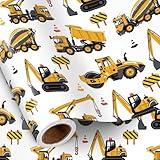 RUSPEPA Construction Truck Wrapping Paper Roll for Boys, Mini Roll, Yellow Digger, Mixer, Crane Design Gift Wrap for Kids Birthday, Toddler Party, Vehicle Theme Party, 17 Inches x 16.4 Feet