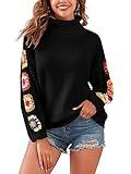 ZAFUL Turtleneck Sweater for Women Pullover Puff Long Sleeve Boho Knit Sweaters Trendy Knitwear Top Black Flower Crochet S