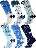 Toulite 6 Pairs Funny Ski Themed Socks Snowboarding Pattern over the Calf Cotton Socks Novelty Ski Lover Gift for Men Women Christmas Holiday Winter Skiers Gift, 6 Designs