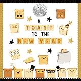 CPicdn 116Pcs Toast New Year Bulletin Board Classroom Decoration Set, A Toast to The New Year Black Gold Cartoon Toast Cutouts Name Tags, Happy New Year Winter Supplies School Chalkboard Wall Decor