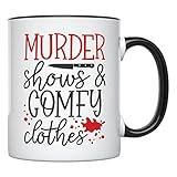 YouNique Designs Murder Shows and Comfy Clothes True Crime Mug, 11 Oz, Crime Junkie Merch, True Crime Coffee Mug for Women, True Crime Lovers Merchandise (Black Handle)