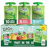 GoGo squeeZ Applesauce and Fruit Puree Variety Pack, Apple, Peach & Gimme Five!, 3.2 oz (Pack of 20), Unsweetened Fruit Snacks for Kids, Gluten Free, Nut Free and Dairy Free, BPA Free Pouches