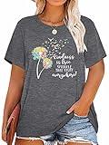 Plus Size Graphic Tees Tops for Women Dandelion Floral Blessed Short Sleeve Cotton Tshirts Funny Inspirational Loose Casual Shirts for Women(Grey,4XL)