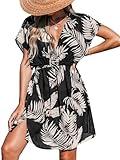CUPSHE Women's Swimsuit Cover Ups V Neck Bathing Suits Short Sleeve Bikini Coverup Swimwear Dress Brown Leaf,XL