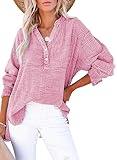 Dokotoo Womens Fashion Fall Clothes Button V Neck Long Sleeve Shirts Cotton Office Workout Pullover Blouses Tops Resort Wear for Women Tops Dressy Casual Small Pink
