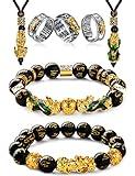 Fansilver 7 Pieces Feng Shui Bracelet Necklace Ring Set for Women Men Feng Shui Pi Xiu Mantra Ring Good Luck Black Obsidian Bracelet Adjustable Feng Shui wealth Necklaces Jewelry