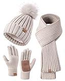 Womens Fleece Lined Winter Hat, Scarf and Glove Set - With Pom Pom Beanie, Long Scarf and Touchscreen Gloves (Oatmeal)