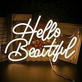 LooKLight Hello Beautiul Neon Sign,Warm White Neon Light Sign,Letters Wedding Neon Signs for Wall Decor,USB Powered Led Light Up Signs For Wedding Party Bedroom Birthday Beauty Salon