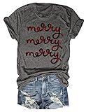 Beopjesk Women's Buffalo Plaid Tees Casual Short Sleeve Merry Letter Printed Graphic Blouse Tops (XXL, Red)