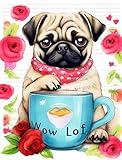 pigpigboss Pug Diamond Painting Set, 5D Full Round Coffee Cup and Pug Diamond Dots Painting Kit, Rose Heart Dog Paint with Diamonds for Adult Beginner Home Decor Art (12 X 16 Inches)