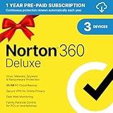 Norton 360 Deluxe 2025, Antivirus software for 3 Devices with Auto Renewal - Includes VPN, PC Cloud Backup & Dark Web Monitoring [Download]