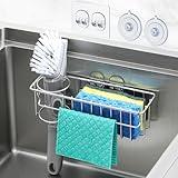 3-In-1 Sponge Holder for Kitchen Sink with Suction Cups & Adhesive Hook, In-sink Sponge Holder, Wall Hanging Sink Caddy Organizer Rack - Sponge, Dish Cloth, Brush, Scrubber - 304 Stainless Steel