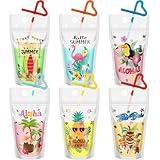 Havawish 24 Sets Hawaiian Luau Drink Pouches with Straws Summer Tropical Party Juice Pouches Reusable Tiki Party Pouches Beverage Bag for Hawaii Beach Party Supplies, Holds 15-17 Oz, 6 Styles