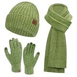 Womens Winter Knit Warm Hat Beanie Long Scarf Touch Screen Gloves Set Skull Caps Neck Scarves for Women Men Green