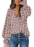 Biucly Womens Spring Fashion 2024 Casual Long Sleeve Boho Tops Loose V Neck Button Down Shirts Blouses for Women Dressy Casual Bohemian Clothes,US 16-18(XL),Flower Light Pink