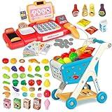 Yalujumb Kids Shopping Cart Trolley Play Set and Pretend Play Calculator Cash Register Toy with Pretend Food and Accessories,Perfect for Ages 3+ Pretend Play and Role-Playing Games