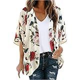Flowy Hawaiian Cardigan Beach Holiday Brunch Swimwear for Women Winter Fall 3/4 Length Sleeve Crewneck Chiffon Floral Swimwear Kimono Coverup Coats Ladies 2025 M