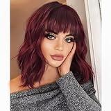 AISI HAIR Curly Bob Wig with Bangs Short Wavy Wine Red Color Wigs for Women Bob Style Synthetic Heat Resistant Bob Wigs