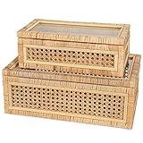 Handwoven Boho Rattan Display Boxes with Glass Lids - Set of 2 Rectangular Decorative Storage Bins - Natural Woven Cane Home Decor Organizers