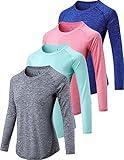 4-Pack: Womens Long Sleeve Athletic Tops with Thumb Holes – Dry Fit Active Crewneck Workout Tees (Set 2, Medium)