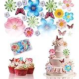 Edible Flowers Cake Decorations - Edible Flower Butterflies Cake Topper Set of 55PCs, Wafer Paper Flower Cupcake Toppers for Wedding Birthday Party Cake Decorating (Mixed Size & Colour)